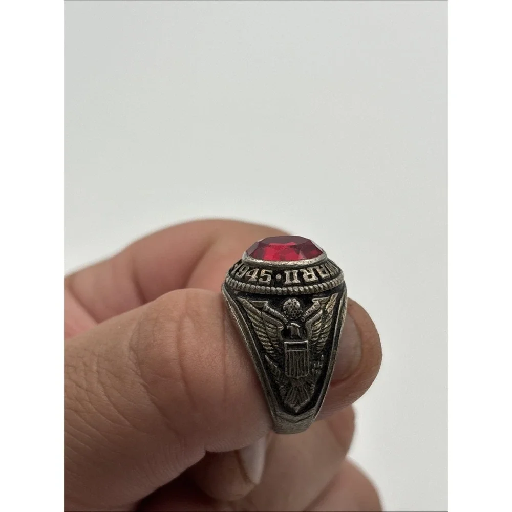 Vintage ESPO Sterling Silver WWII World War II Veteran Ring Red Stone Size 7.25